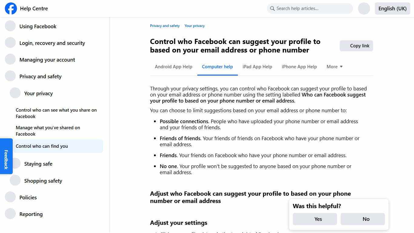 Control who Facebook can suggest your profile to based on your email address or phone number Facebook Help Centre